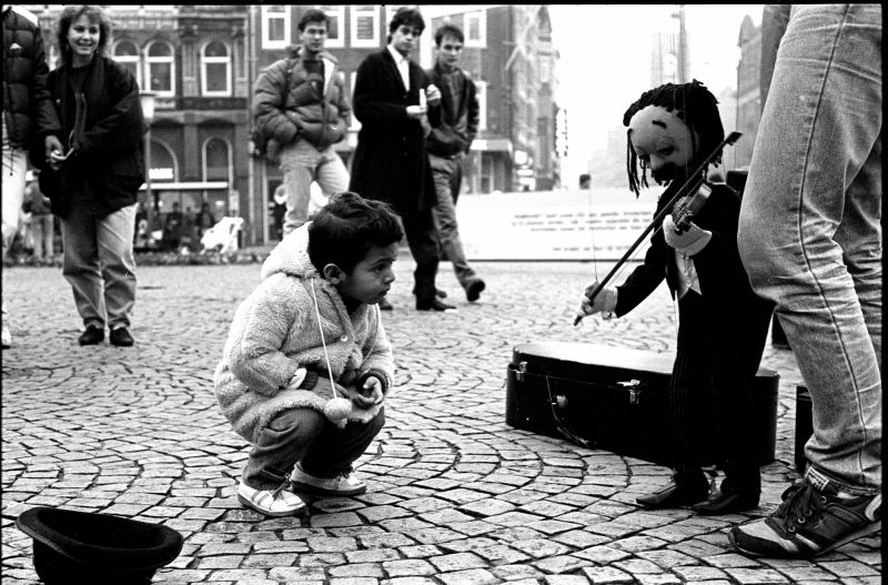poppenspeler, dam, amsterdam, kind, straat, theater, jaren, 80, judocus