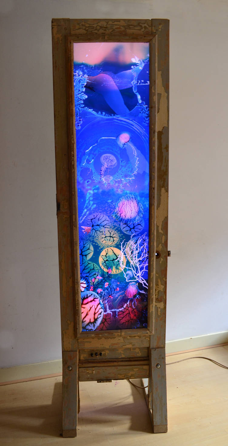 Judocus , lichtobject, lichtsculptuur, LED, RGB, aquarium, diaprojecties, dia